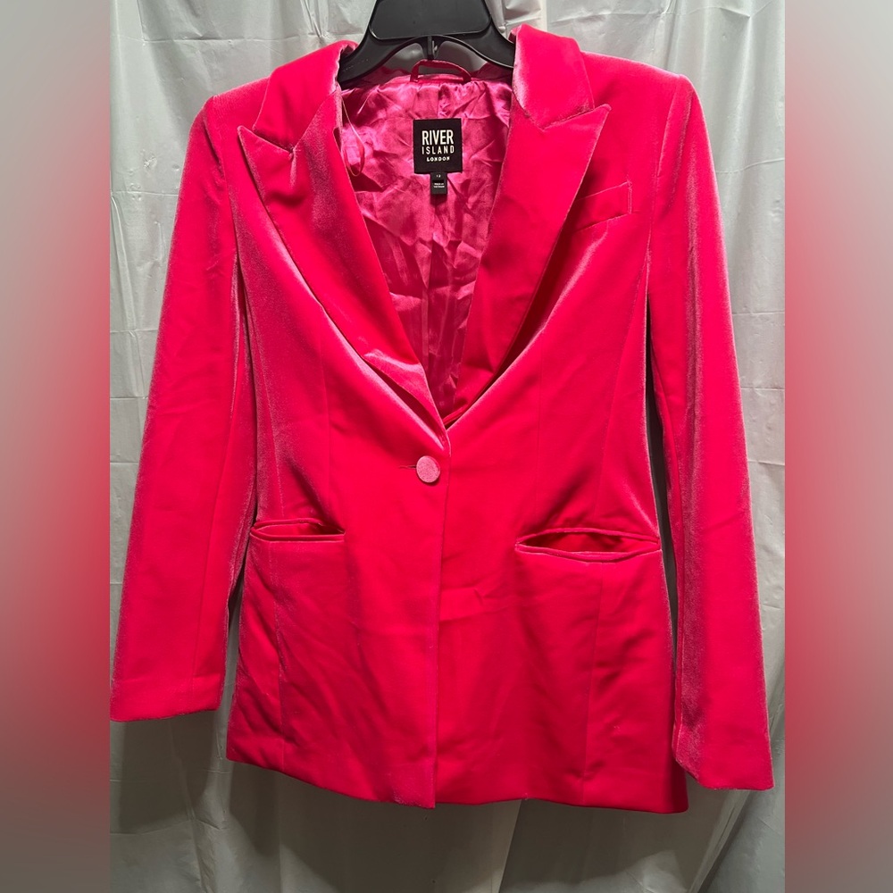 River Island London Hot Pink Velvet Double Breasted Blazer Size 12
